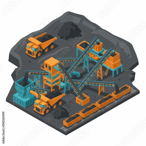 Isometric Coal Mining Industrial Complex with Trucks and Cranes.