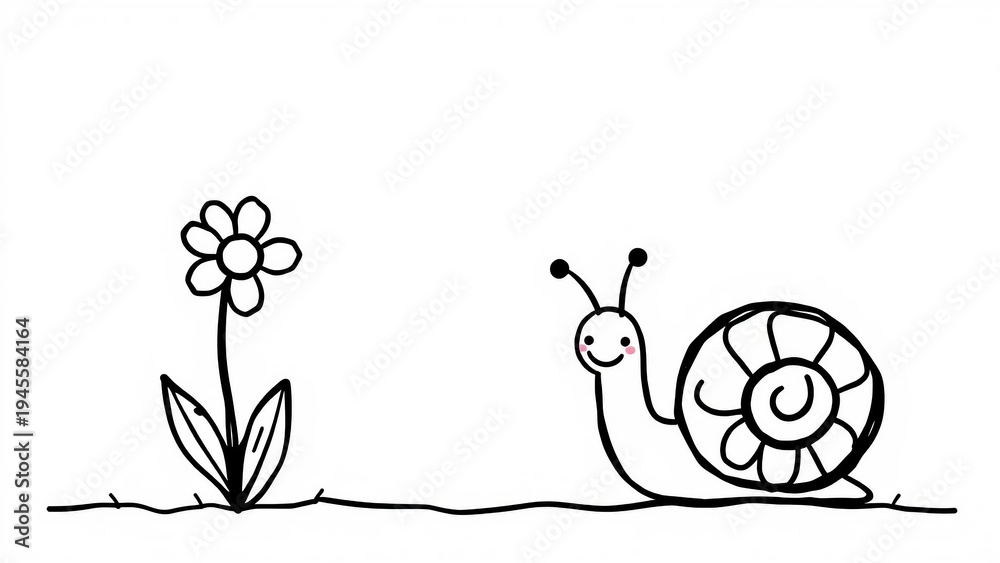 Fototapeta premium Cute doodle illustration of a smiling snail next to a flower. Simple hand drawn cartoon style isolated on white background, perfect for children's design, nursery decor and playful graphics.