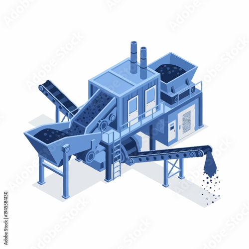 Isometric Industrial Coal Processing Plant with Conveyor Belts and Machinery.