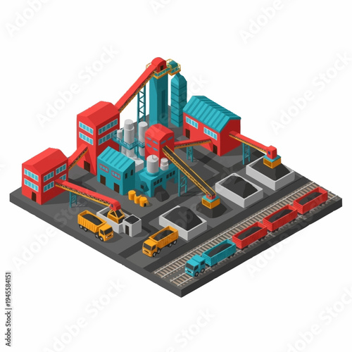 Isometric Industrial Factory Complex with Trains and Trucks.