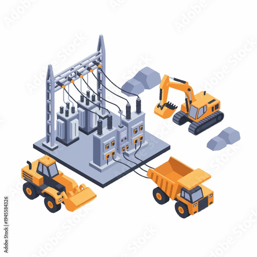 Isometric Power Substation and Heavy Construction Equipment.