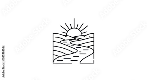 Minimalist landscape sun river illustration