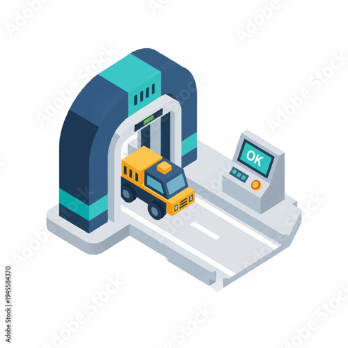 Isometric vehicle inspection system with automated scanning gate and monitor.