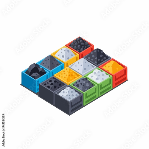 Isometric view of colorful crates filled with various materials.