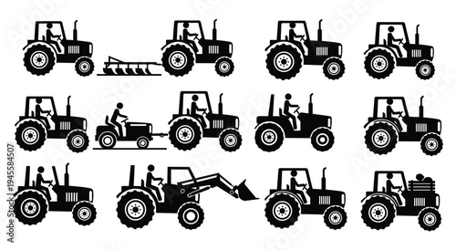 Black tractor silhouette icons set showing various agricultural operations