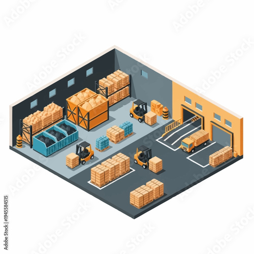 Isometric Warehouse Interior with Forklifts and Cargo Boxes.