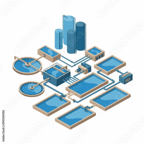 Isometric Water Treatment Plant Diagram with Tanks and Basins.