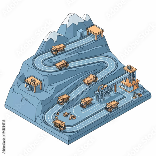 Mountain Road Transportation System with Trucks and Buildings.