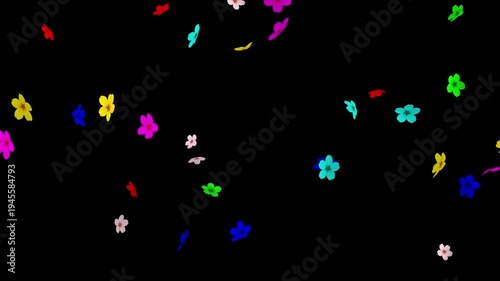 Falling colorful paper flowers motion graphics with plain black background