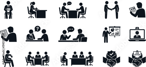 Professional Recruitment Icon Set Featuring Job Interview Silhouettes Resume Review Candidate Selection and Employment Offer Symbols