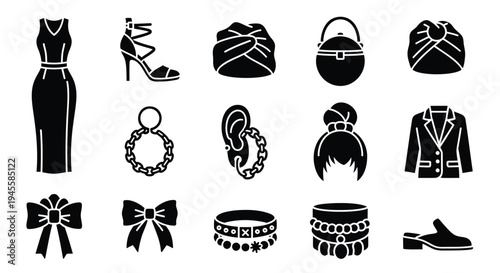 Set of 13 fashion icons vector, black and white
