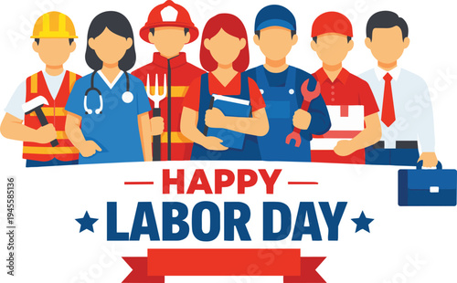 Flat vector illustration of diverse workers celebrating Labor Day including construction worker, firefighter, doctor, farmer, and office worker.