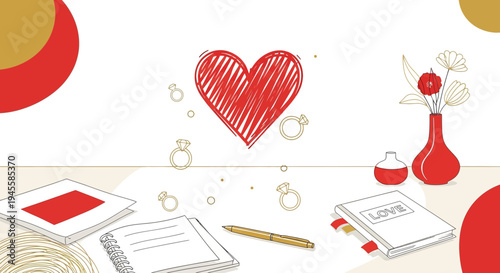 Romantic Valentine's Day flat lay with heart, rings, notebook and flowers