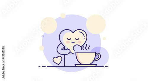 Sad Heart Character with Coffee Cup, Feeling Blue, Minimalist Illustration