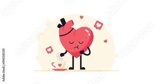 Sad Heart Character Drinking Coffee with Social Media Likes