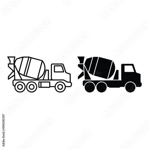 Concrete mixer truck heavy construction vehicle line and glyph icons