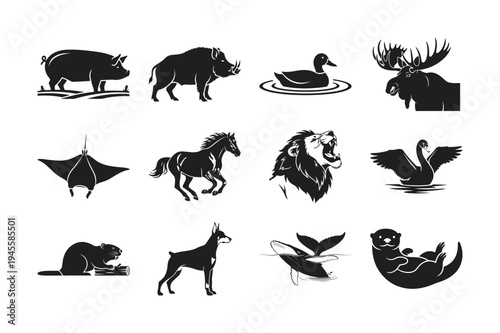 Collection of black silhouette illustrations depicting various wild and domestic animals