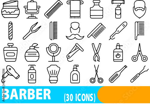 A collection of thirty black line icons representing various professional barber tools and grooming supplies is displayed against a white background for design use.