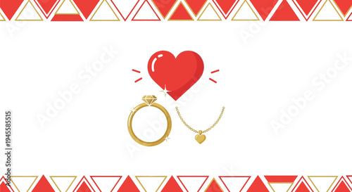 Romantic Heart, Diamond Ring, and Gold Necklace - Love and Engagement Symbols
