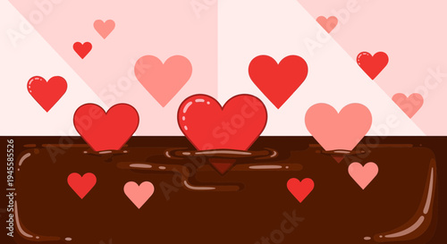 Romantic Hearts Floating in Liquid Chocolate, Valentine's Day Concept