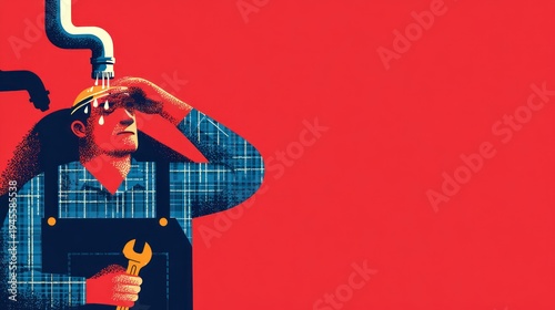 Wallpaper Mural Stressed worker sweats beneath leaky pipe, holding wrench against vibrant red background Torontodigital.ca