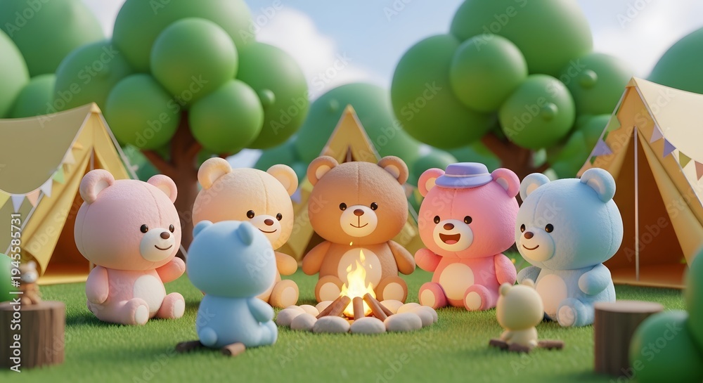 Naklejka premium Group of cute teddy bears sitting around a campfire at a campsite. Friendship and outdoor camping concept. Plush animals enjoying a fire near yellow tents.