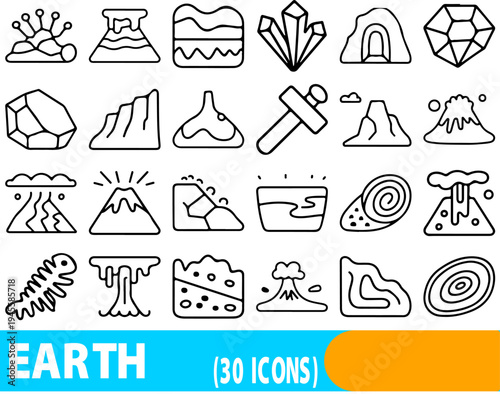 This set of thirty hand-drawn line icons details various geological features, including volcanoes, crystals, rock formations, and earth layers for educational use.