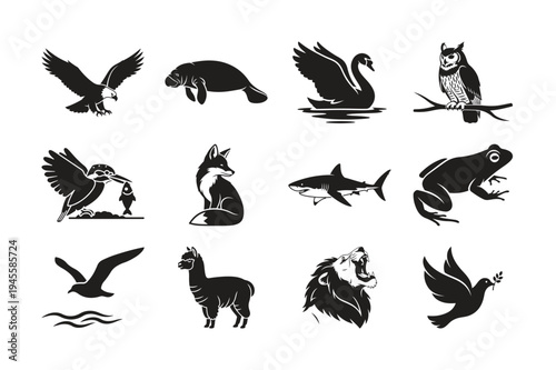 Collection of diverse animal silhouettes in a black and white design