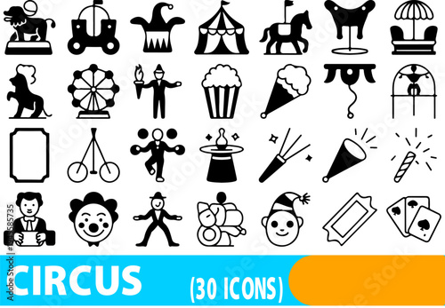 A collection of black and white vector icons representing various elements and characters associated with a traditional circus performance are displayed against a white background.