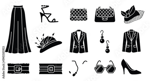 Set of 13 fashion icons vector, black and white