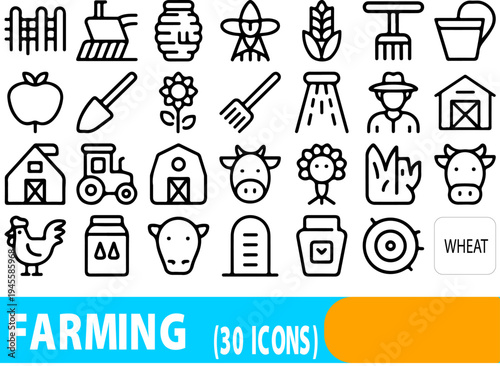 Thirty distinct line-art icons illustrating diverse aspects of agriculture, including farm animals, machinery, crops, and rural structures, are clearly displayed.