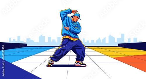 Energetic B-boy Dancer Performing Hip Hop Moves on Cityscape Background