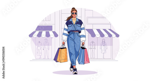 Fashionable Woman Shopping with Bags in Front of Stores