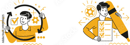 Illustrations depicting virtual reality and augmented reality interactions with technology