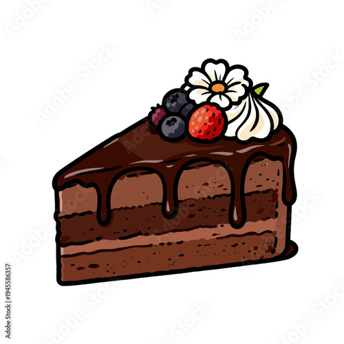 [Vector EPS]Delicious chocolate cake slice with berries and flower decoration