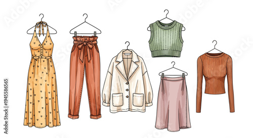 Set of 6 clothing items vector illustrations