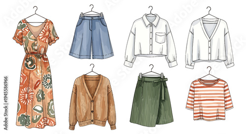 Set of 7 fashion clothing illustrations vector