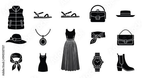 Set of 16 fashion icons vector, black and white