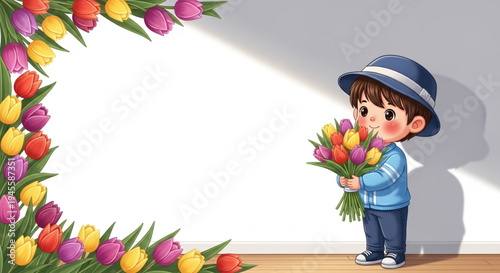 Cartoon boy on the right holding a bouquet of tulips, with a decorative border of tulip beads around it, white wall background.