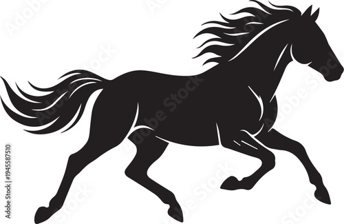 A striking black silhouette of a horse galloping with flowing mane