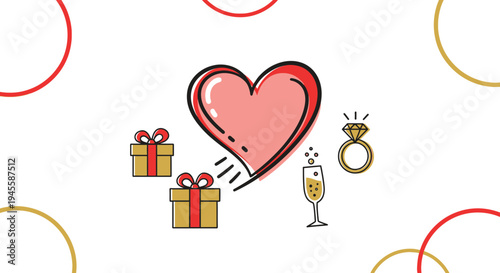 Romantic Celebration Icons: Heart, Gifts, Ring, Champagne - Love and Wedding Concept