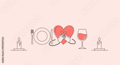 Romantic Dinner Date with Heart Character, Wine, and Candles