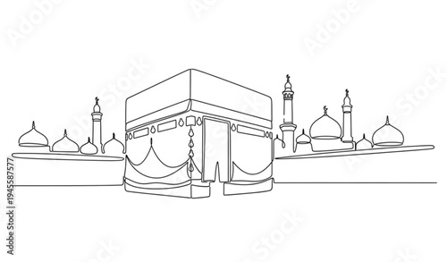 A minimalist line art illustration of the Kaaba in Mecca