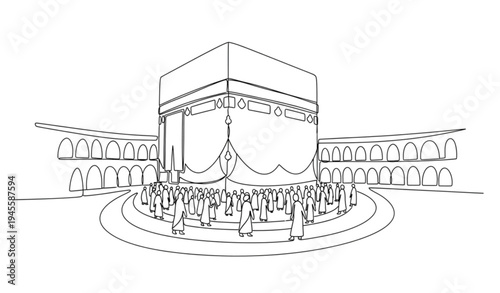 A minimalist line art illustration of the Kaaba in Mecca, Saudi Arabia