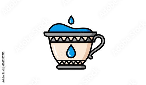 A colorful vector graphic of a teacup with blue liquid and droplets