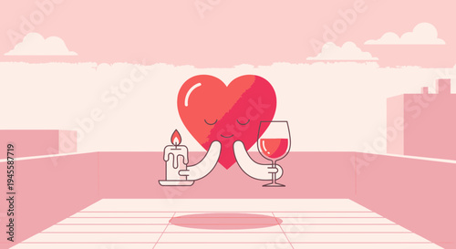 Romantic Heart Couple with Candle and Wine, Valentine's Day Celebration
