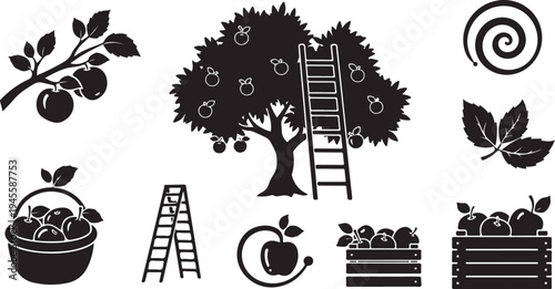 Black and white icons of apple picking and harvesting