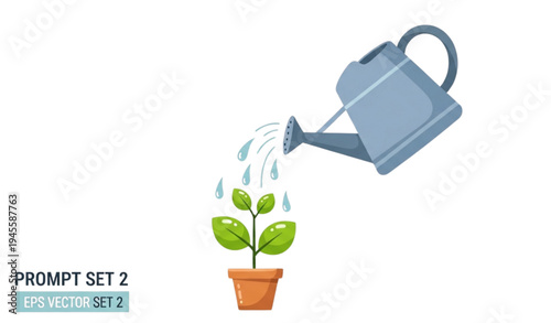 A vector graphic illustration of a watering can pouring water on a small potted plant with green leaves.
