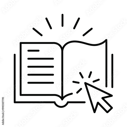 Online Education Line Icon Vector - Open Book with Cursor Click for E-learning and Digital Library Concept Illustration