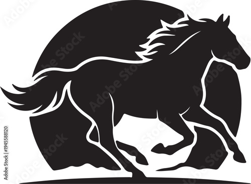 A dynamic black silhouette of a horse galloping with power and grace